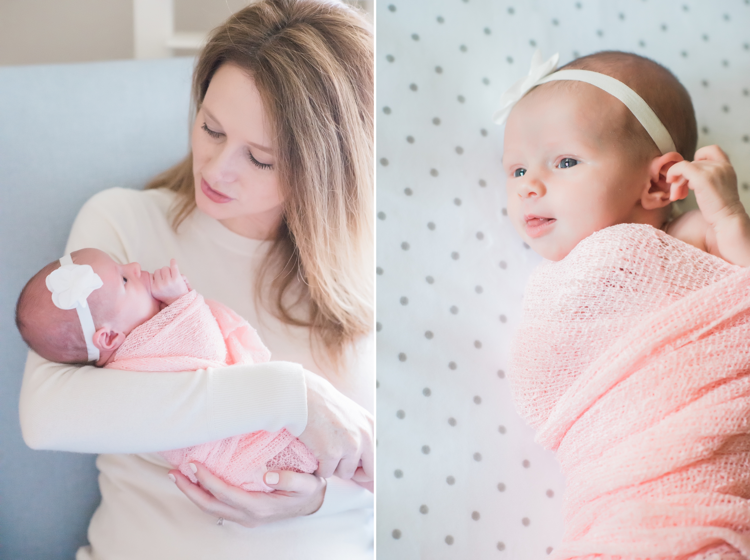 baby girl in pink swaddle and white bow with her mom at home in Briar Grove, Texas