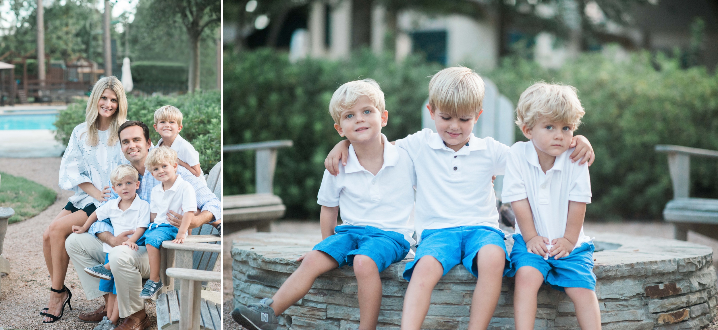 family photo session, brothers sitting on a fire pit at The Forest Club 